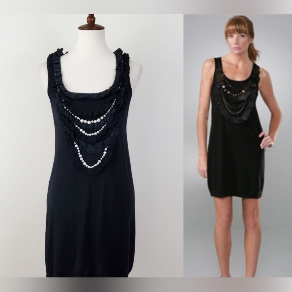 Nanette Lapore 💕Little Black jeweled cocktail dress medium 100% Merino Wool.